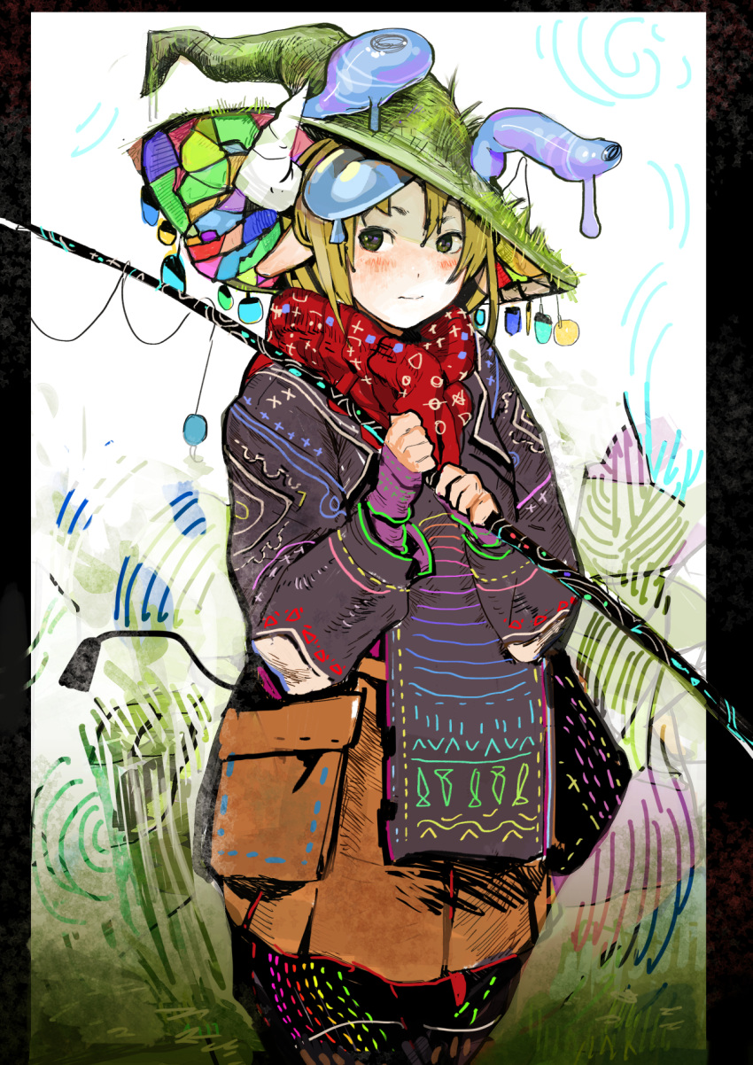 animal_ears black_border blonde_hair blush boots border brown_eyes closed_mouth colorful commentary_request cow_ears cow_horns cow_tail cowboy_shot green_hat hat highres hiranko holding horns long_sleeves looking_at_viewer original red_scarf scarf smile solo stained_glass tail witch_hat