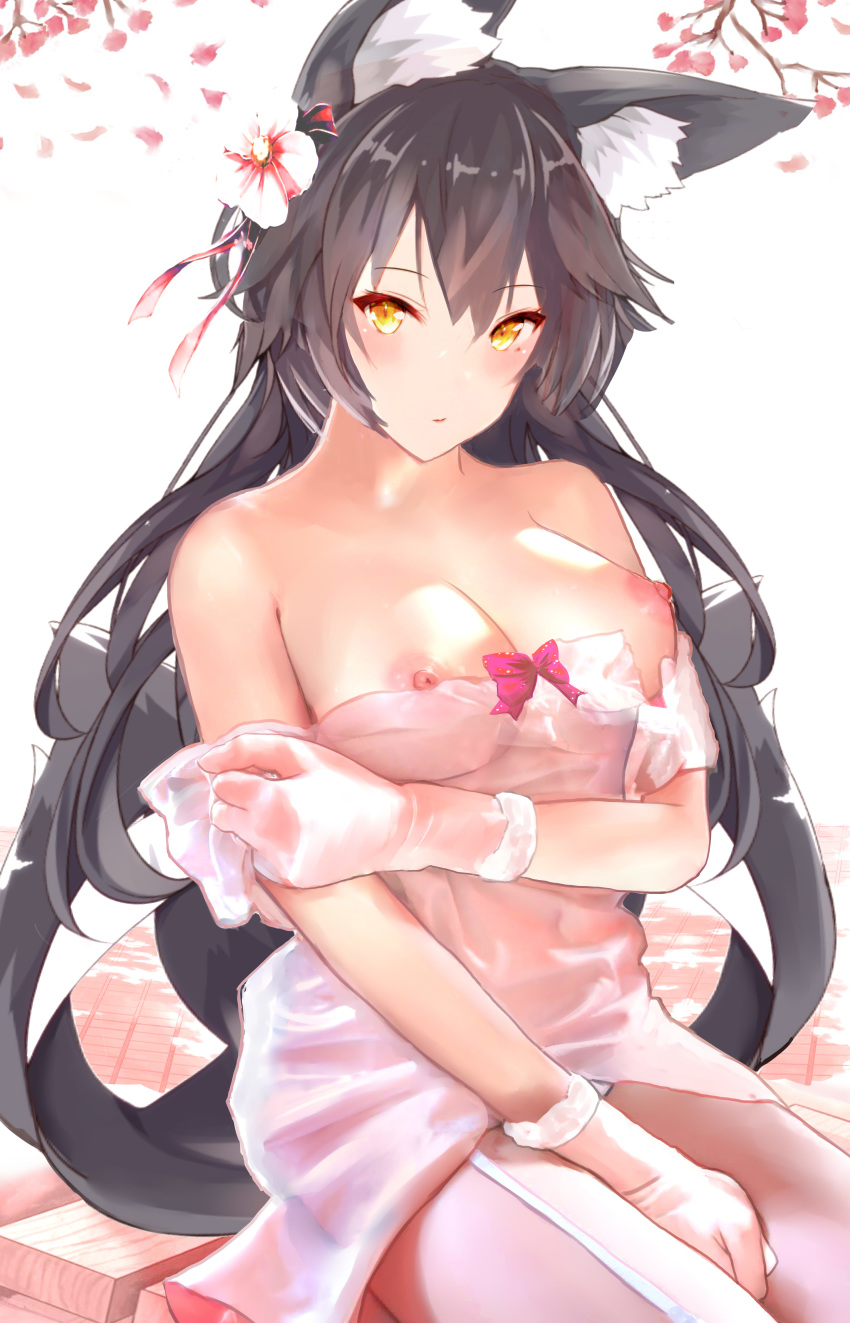 absurdres alternate_costume animal_ear_fluff animal_ears areolae aruuin atago_(azur_lane) azur_lane bangs bare_shoulders between_legs black_hair blush breasts brown_eyes cherry_blossoms closed_mouth collarbone commentary day dress dress_slip extra_ears eyebrows_visible_through_hair garter_straps gloves hair_between_eyes hair_ribbon hand_between_legs highres large_breasts lingerie long_hair looking_at_viewer mole mole_under_eye nipple_slip nipples off_shoulder outdoors ribbon see-through sidelocks sitting solo swept_bangs underwear white_ribbon yellow_eyes