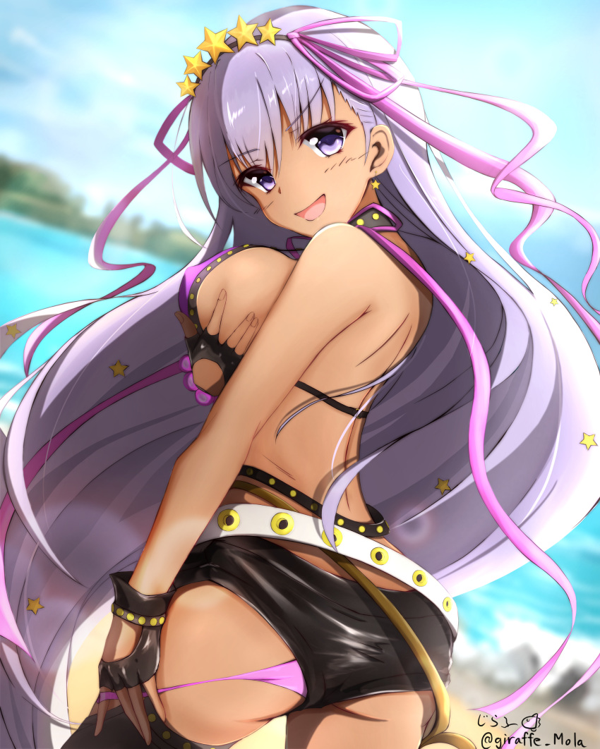 absurdres ass back bangs bare_shoulders bb_(fate)_(all) bb_(swimsuit_mooncancer)_(fate) beach bead_bracelet beads belt bikini bikini_pull black_gloves black_legwear black_shorts blue_sky blurry blurry_background blush bracelet breast_hold breasts cleavage commentary_request dark_skin day earrings fate/grand_order fate_(series) fingerless_gloves giraffe_(ilconte) gloves hair_ribbon highres hips jewelry large_breasts long_hair looking_at_viewer looking_back open_mouth purple_bikini purple_eyes purple_hair purple_ribbon ribbon short_shorts shorts sky smile solo star star_earrings swimsuit tan thighhighs thighs tiara very_long_hair white_belt