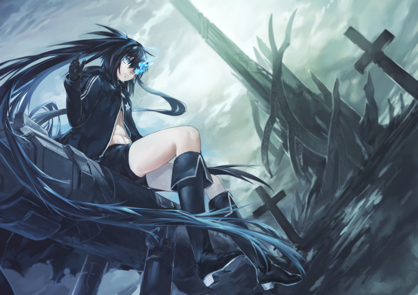 absurdly_long_hair absurdres azomo black_footwear black_gloves black_hair black_jacket black_rock_shooter black_rock_shooter_(character) black_shorts blue_eyes boots burning_eye closed_mouth cloud cloudy_sky commentary floating_hair gloves hair_between_eyes high_heel_boots high_heels highres hood hood_down hooded_jacket jacket knee_boots latin_cross long_hair looking_at_viewer open_clothes open_jacket outdoors overcast short_shorts shorts sitting sky solo very_long_hair