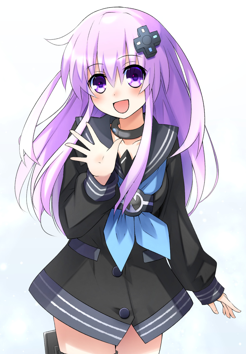 :d alternate_costume black_clothes black_sailor_collar choujigen_game_neptune collar commentary d-pad d-pad_hair_ornament doria_(5073726) eyebrows_visible_through_hair hair_between_eyes hair_ornament highres long_hair looking_at_viewer nepgear neptune_(series) open_hand open_mouth purple_eyes purple_hair sailor_collar simple_background smile solo