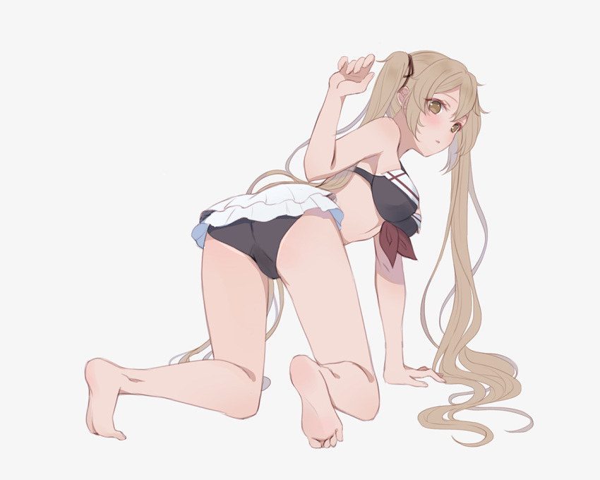 adapted_costume all_fours ass bangs barefoot bikini blonde_hair blush breasts brown_eyes commentary emia_wang frilled_bikini frills from_behind full_body grey_background hair_ribbon hand_up kantai_collection long_hair looking_at_viewer looking_back medium_breasts murasame_(kantai_collection) parted_lips ribbon simple_background solo swimsuit tan tanline twintails very_long_hair white_background