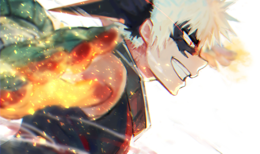 bad_id bad_pixiv_id bakugou_katsuki black_shirt blurry blurry_foreground boku_no_hero_academia commentary_request depth_of_field embers fire from_side gloves glowing glowing_eyes green_gloves grin kisei2 male_focus mask profile red_eyes shirt smile solo white_background white_hair