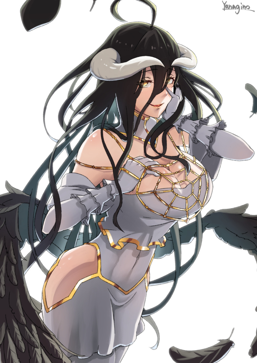 albedo black_hair black_wings breasts cleavage covered_navel demon_girl demon_horns demon_wings detached_collar dress eyebrows_visible_through_hair feathered_wings feathers gloves hair_between_eyes hand_on_own_cheek hand_on_own_chest highres hip_vent hips horns large_breasts long_hair looking_at_viewer low_wings overlord_(maruyama) parted_lips slit_pupils smile solo soratobu_mame. very_long_hair white_dress white_gloves wings yellow_eyes