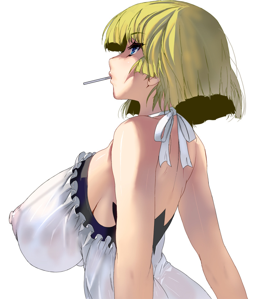 blonde_hair blue_eyes breasts covered_nipples dress highres huge_breasts impossible_clothes masao nipples original profile puffy_nipples see-through short_hair simple_background solo stick white_background white_dress