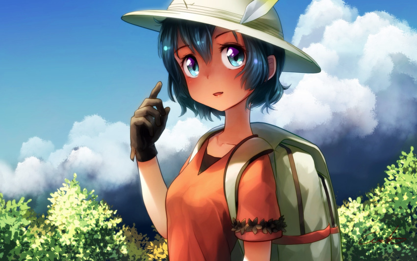 backpack bag black_gloves blue_eyes blue_hair blue_sky bow bush cloud collarbone commentary day gloves hair_bow hand_up hat hat_feather kaban_(kemono_friends) kemono_friends looking_at_viewer outdoors parted_lips pointing pointing_at_self pointing_up red_shirt shirt short_hair short_sleeves sky solo upper_body welt_(kinsei_koutenkyoku) white_hat