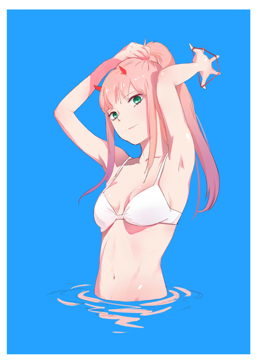 absurdres armpits arms_up blue_background breasts cleavage collarbone darling_in_the_franxx eyebrows_visible_through_hair green_eyes high_ponytail highres horns long_hair navel pink_hair shiny shiny_hair shiny_skin sideboob small_breasts solo tying_hair umumu upper_body white_bikini_top zero_two_(darling_in_the_franxx)