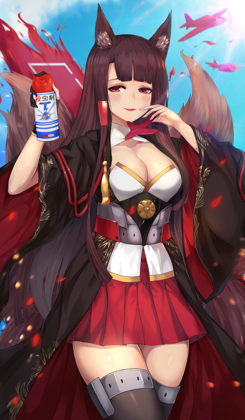 absurdres aircraft airplane akagi_(azur_lane) animal_ears azur_lane bangs belt beluga_dolphin black_hair black_kimono black_legwear blunt_bangs breasts bug_spray cleavage collarbone cowboy_shot day eyebrows_visible_through_hair eyeliner finger_to_mouth fire fox_ears fox_girl fox_tail gloves hair_ornament hakama_skirt highres japanese_clothes kimono kitsune large_breasts long_hair long_sleeves looking_at_viewer makeup multiple_tails open_mouth outdoors partly_fingerless_gloves red_eyes red_skirt ribbon_trim shirt skirt sky smirk solo sun tail thighhighs very_long_hair white_shirt wide_sleeves zettai_ryouiki