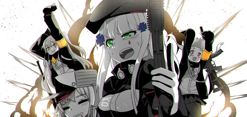 4girls assault_rifle beret capoki commentary_request drooling explosion g11_(girls_frontline) girls_frontline gloves gun hat heckler_&amp;_koch highres hk416 hk416_(girls_frontline) jumping multiple_girls open_mouth rifle scar scar_across_eye siblings sisters sleeping smile twins twintails ump45_(girls_frontline) ump9_(girls_frontline) weapon