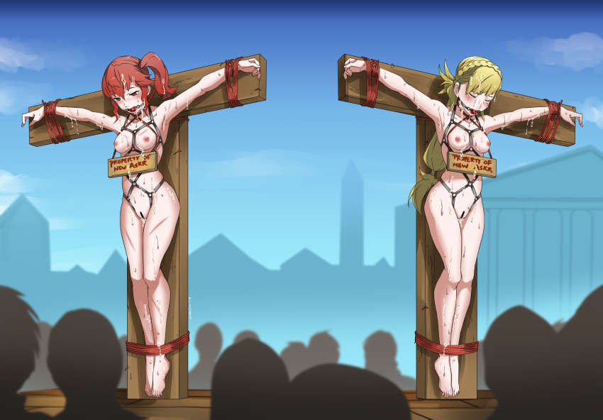 2girls anna_(fire_emblem) ball_gag barefoot bdsm blonde_hair blush bondage bondage_harness bound breasts brown_eyes censored cross crucifixion crying defeated eudetenis eyes_closed feet fire_emblem fire_emblem_heroes gag humiliation legs_together long_hair multiple_girls nintendo nipples nude outdoors ponytail predicament_bondage public public_humiliation public_nudity pussy red_hair restrained rope sharena side_ponytail sign sweat tears whip_marks