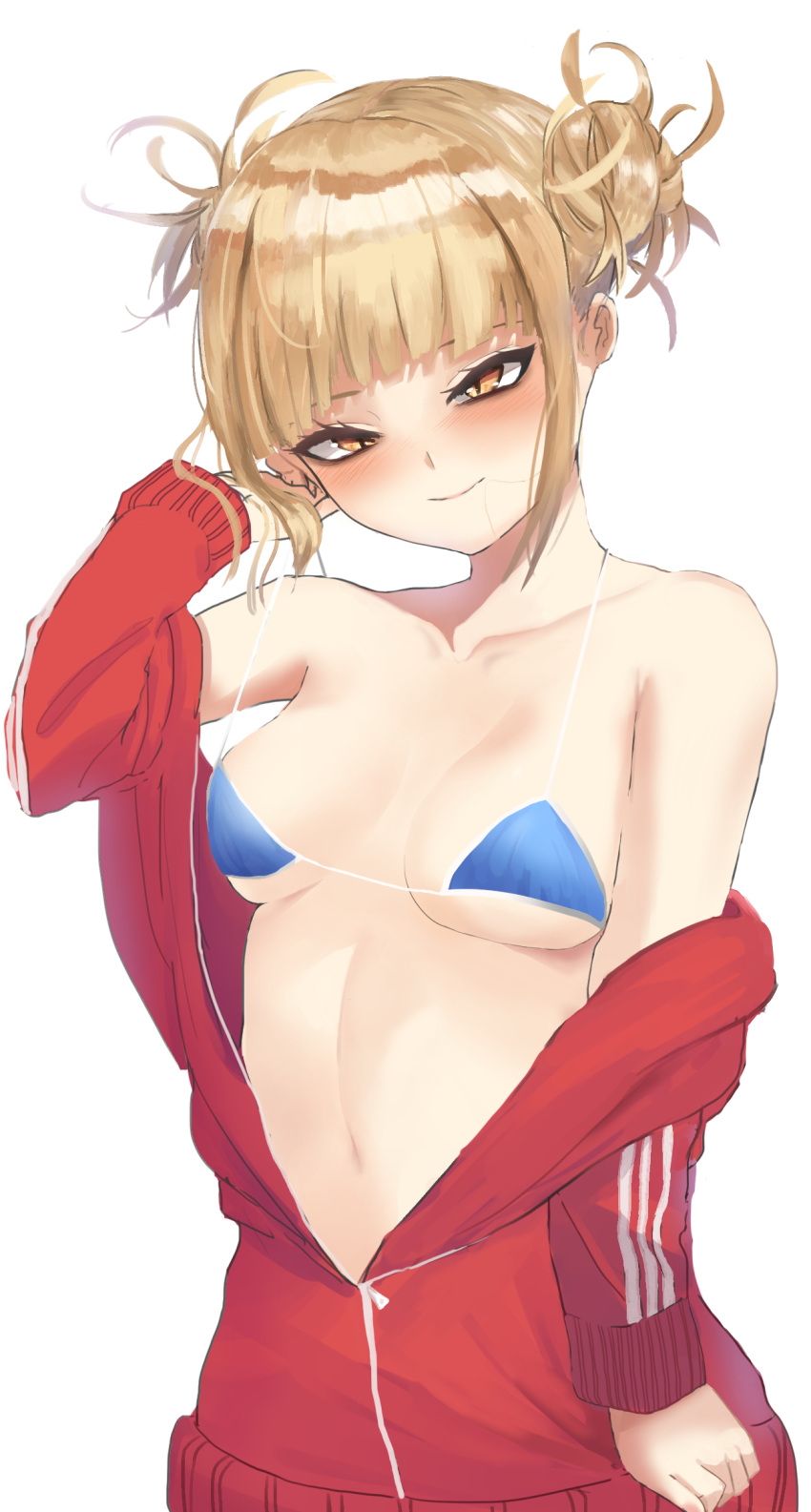 bags_under_eyes bangs blonde_hair blue_bikini_top blunt_bangs blush boku_no_hero_academia breasts double_bun hair_in_mouth half-closed_eyes highres jacket looking_at_viewer medium_breasts messy_hair navel nose_blush off_shoulder open_clothes open_jacket red_jacket sidelocks solo strap_lift swimsuit swimsuit_under_clothes toga_himiko track_jacket unzipped white_background yellow_eyes zd_(pixiv6210083)