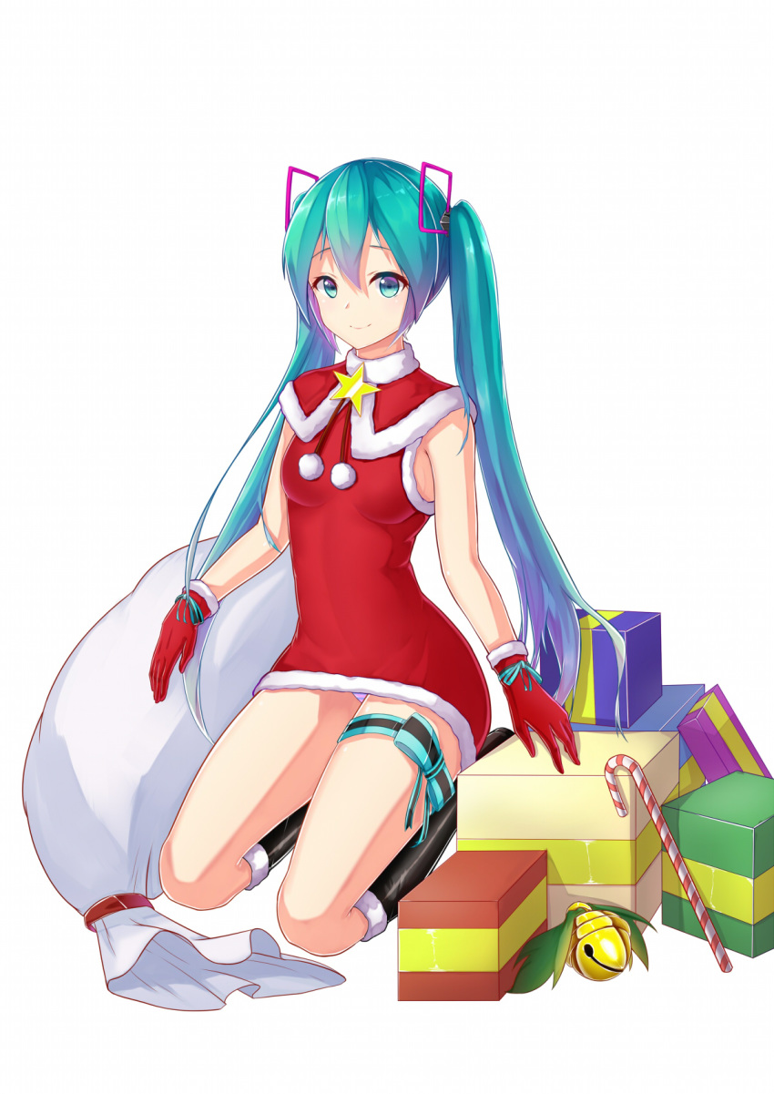 black_footwear blue_eyes blue_hair boots box capelet dress full_body fur_trim gift gift_bag gift_box gloves hair_between_eyes hair_ornament hatsune_miku highres knee_boots kneeling long_hair panties pantyshot pantyshot_(kneeling) red_capelet red_dress red_gloves santa_costume shiny shiny_hair short_dress simple_background sleeveless sleeveless_dress smile solo star striped striped_panties thigh_strap twintails underwear very_long_hair vocaloid white_background white_panties zuiai_gongzhu_dianxia
