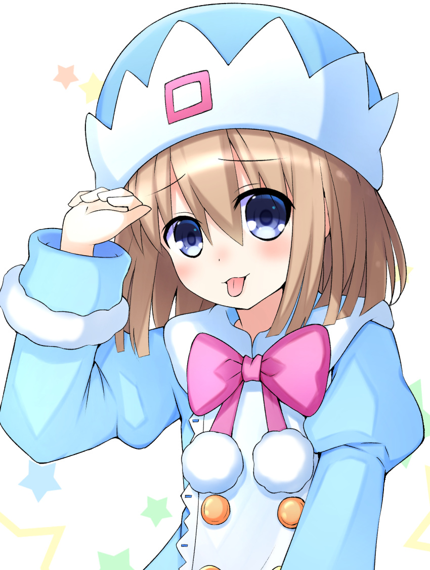 blue_coat blue_eyes blush brown_hair choujigen_game_neptune commentary doria_(5073726) eyebrows_visible_through_hair fur_trim hair_between_eyes hand_on_own_head hat highres looking_at_viewer neptune_(series) pom_pom_(clothes) rom_(choujigen_game_neptune) short_hair simple_background solo tehepero tongue tongue_out