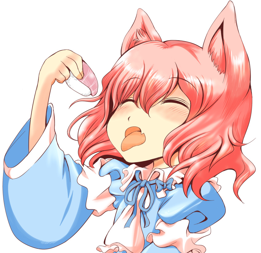 absurdres animal_ears arm_garter arm_up blue_ribbon blush cat_ears closed_eyes commentary_request eyebrows_visible_through_hair fang food hair_between_eyes head_tilt highres japanese_clothes kemonomimi_mode kimono long_sleeves open_mouth pink_hair ribbon saigyouji_yuyuko short_hair simple_background solo sushi tongue tongue_out touhou upper_body white_background yuuma_(pumpkin)