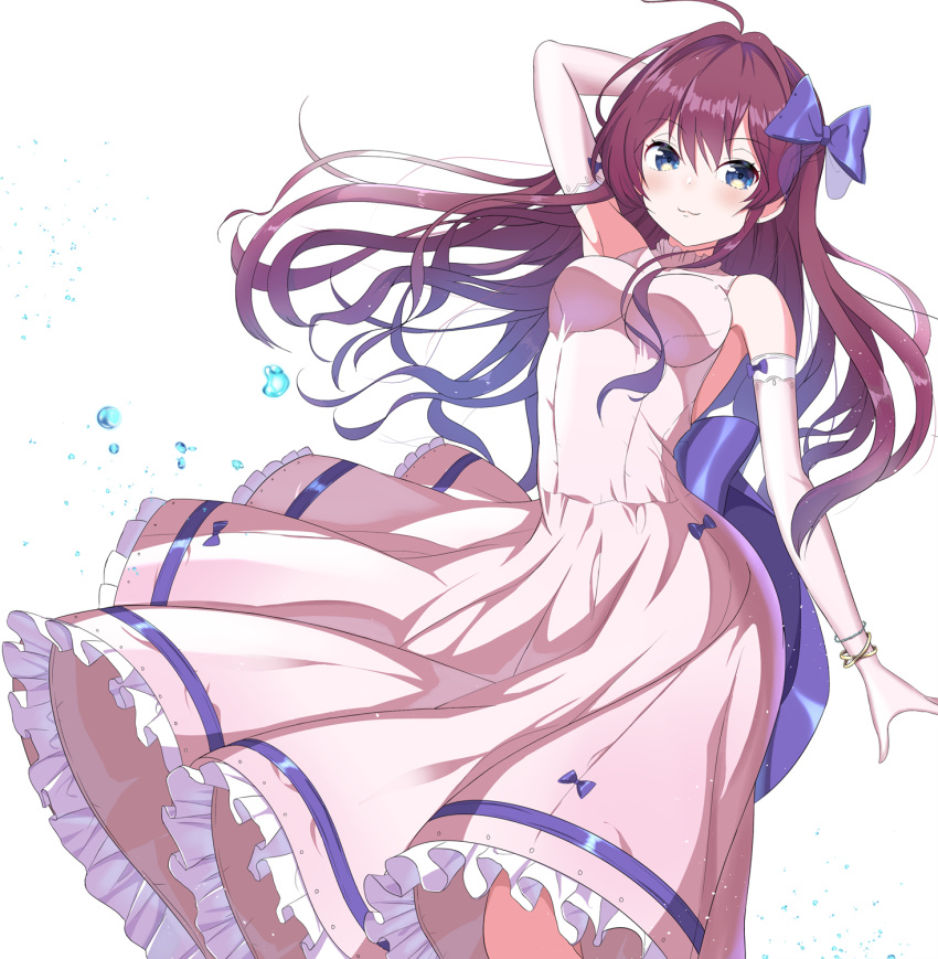 ahoge arm_behind_head blue_bow blue_eyes bow bracelet breasts brown_hair dress elbow_gloves eyebrows_visible_through_hair floating_hair frilled_dress frills gloves hair_between_eyes hair_bow highres ichinose_shiki idolmaster idolmaster_cinderella_girls idolmaster_cinderella_girls_starlight_stage jewelry long_dress long_hair looking_at_viewer medium_breasts shiny shiny_hair simple_background sleeveless sleeveless_dress smile solo standing sutoroa very_long_hair white_background white_dress white_gloves