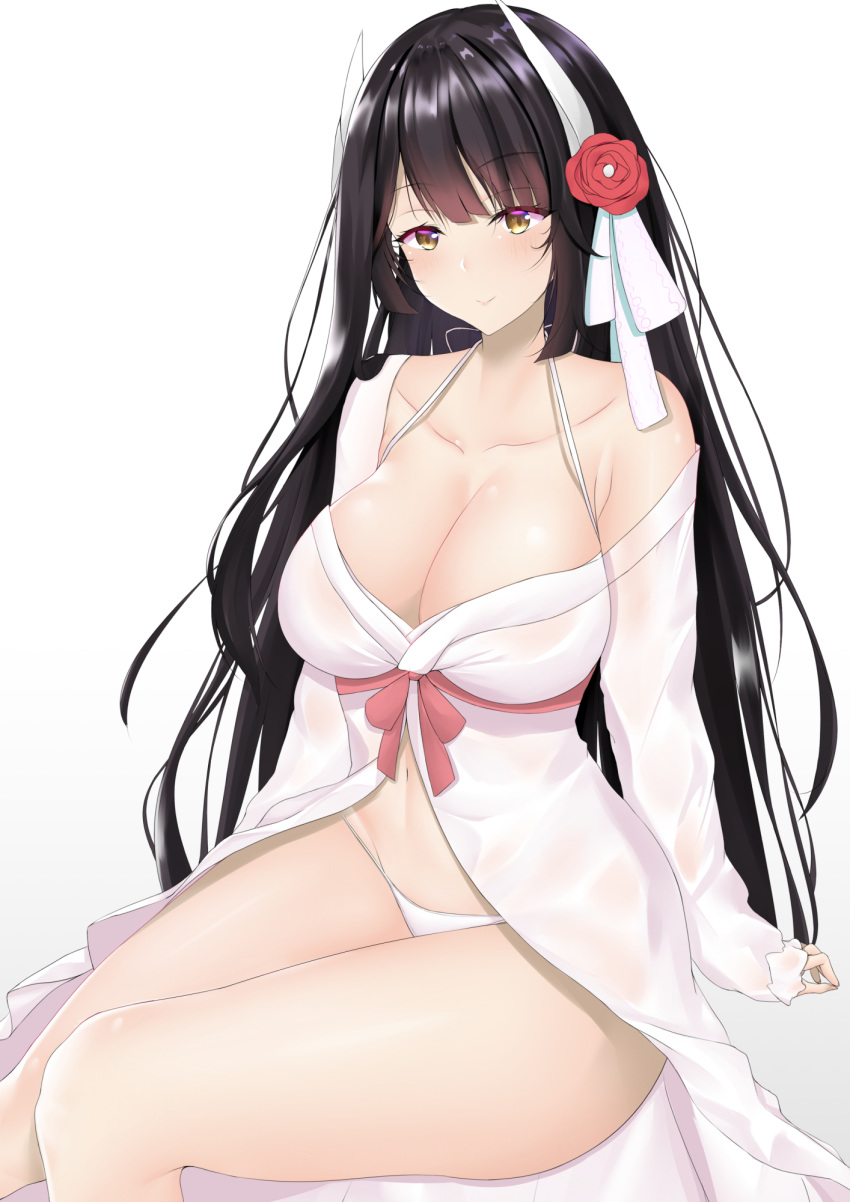 alternate_costume arm_support azur_lane bangs bare_shoulders barefoot black_hair blunt_bangs blush breasts cleavage closed_mouth collarbone commentary detached_sleeves eyebrows_visible_through_hair flower groin hair_flower hair_ornament halterneck hiei_(azur_lane) highres holding holding_hair horns knee_up large_breasts ljpwow long_hair long_sleeves looking_at_viewer off_shoulder panties petals red_ribbon rei_no_himo ribbon sitting sleepwear smile solo thighs underwear yellow_eyes