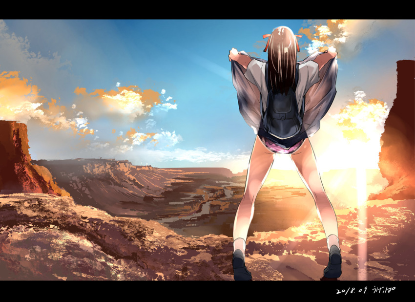 2018 artist_name ass backpack bag black_hair cloud commentary_request dated forest from_behind letterboxed long_hair nature panties river signature skirt skirt_lift sky solo sunrise tiptoes ugeppa underwear