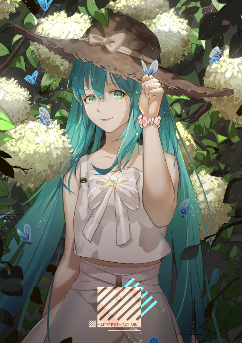 absurdres blue_hair bow bowtie brown_bow brown_hat brown_ribbon butterfly_on_hand character_name collarbone dated green_eyes hair_between_eyes happy_birthday hat hat_bow hat_ribbon hatsune_miku highres long_hair looking_at_viewer luomo parted_lips ribbon shirt skirt sleeveless sleeveless_shirt solo straw_hat sun_hat twintails very_long_hair vocaloid white_bow white_shirt white_skirt