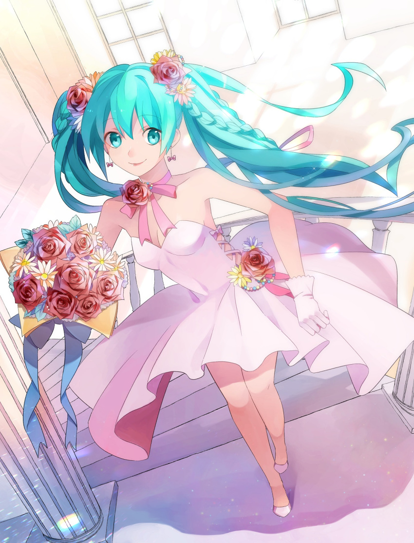 blue_eyes blue_hair blue_ribbon bouquet braid breasts choker cleavage dress earrings eyebrows_visible_through_hair floating_hair flower from_above full_body gloves hair_between_eyes hair_flower hair_ornament hatsune_miku highres holding holding_bouquet indoors jewelry lipstick long_hair looking_at_viewer makeup medium_breasts pink_ribbon pleated_dress pumps q-chiang red_flower red_rose ribbon ribbon_choker rose short_dress sleeveless sleeveless_dress smile solo stairs standing strapless strapless_dress twintails very_long_hair vocaloid white_dress white_gloves