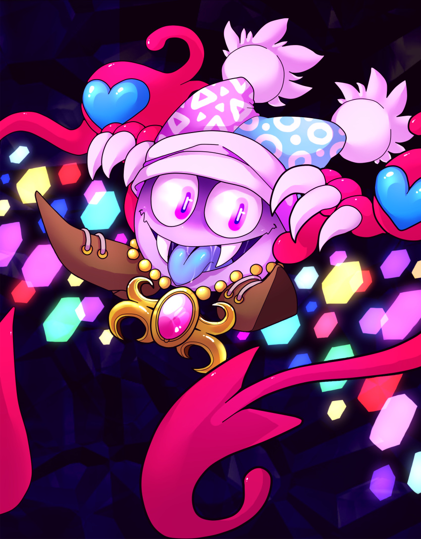 absurdres blue_tongue circle claws commentary crazy_eyes crazy_smile dark_background fangs floating hagalaz hat heart hexagon highres jester_cap jewelry kirby_(series) kirby_super_star_ultra marx marx_soul necklace no_humans pale_skin purple_eyes purple_wings saliva scales shaded_face smile solo tongue tongue_out triangle wings