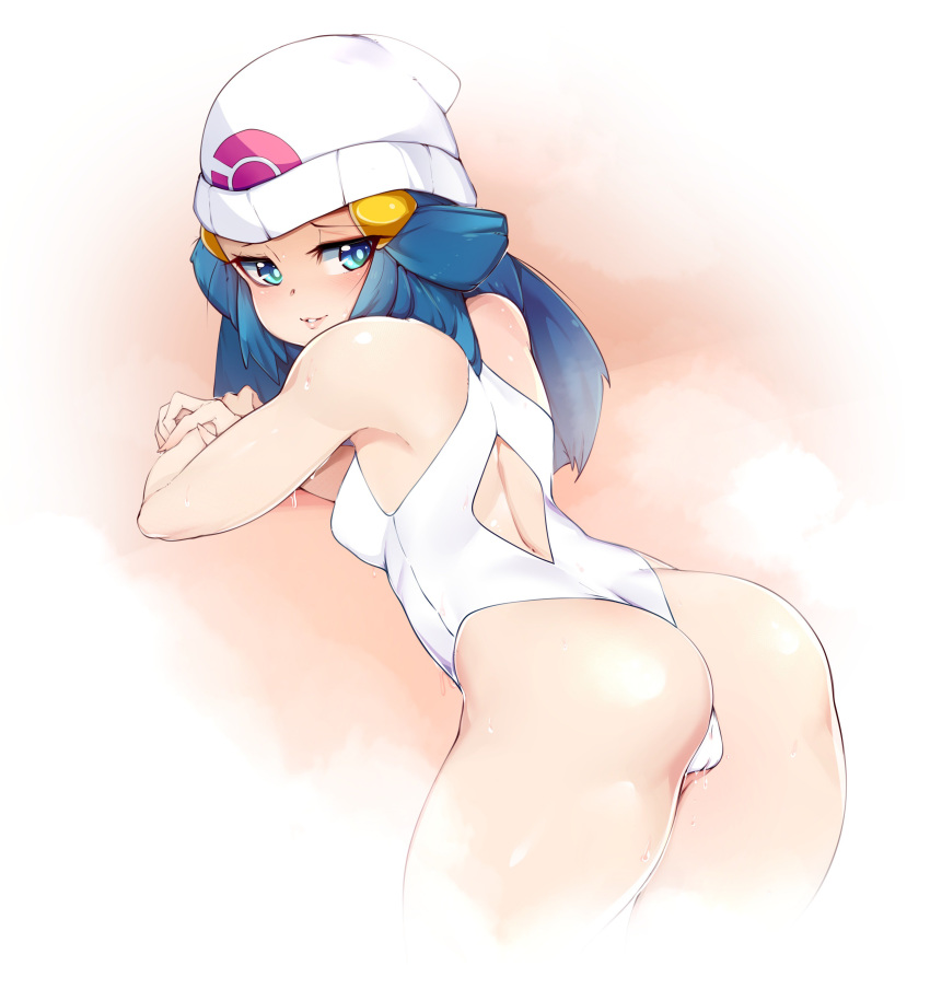absurdres armpits ass back_cutout bad_id bad_twitter_id bare_shoulders beanie blue_hair breasts cameltoe commentary competition_swimsuit covered_nipples cowboy_shot english_commentary from_behind hat highres hikari_(pokemon) leaning_forward long_hair medium_breasts medium_hair naughty_face one-piece_swimsuit pink_lips poke_ball_symbol pokemon pokemon_(game) pokemon_dppt print_hat red_background slugbox smile solo steam swimsuit white_hat white_swimsuit