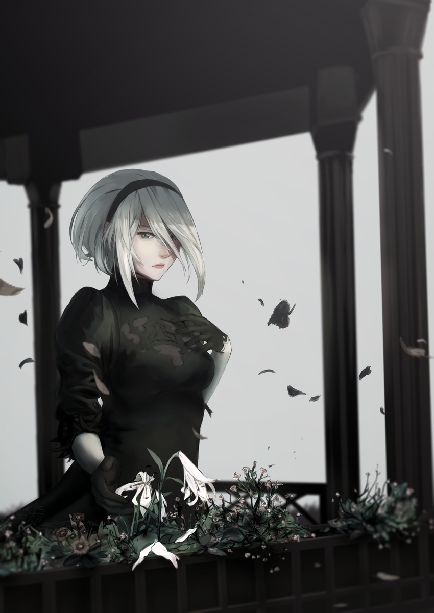 black_dress black_hairband blue_eyes breasts closed_mouth commentary dress english_commentary facing_viewer falling_feathers falling_leaves feather-trimmed_sleeves flower gloves grey_background hairband hand_on_own_chest highres juliet_sleeves leaf long_sleeves medium_breasts mintbreak mole mole_under_mouth nier_(series) nier_automata pink_lips puffy_sleeves silver_hair standing vambraces yorha_no._2_type_b