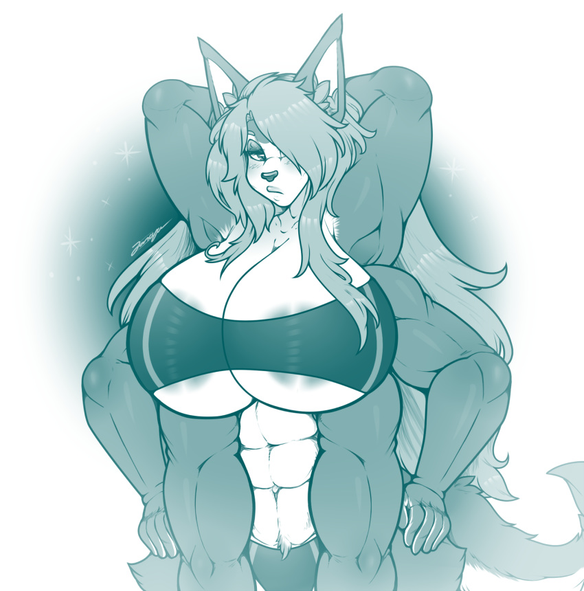 6_arms abs alexaxes anthro big_breasts breasts canine clothing female hands_behind_head hands_on_hips huge_breasts looking_at_viewer makeup mammal muscular muscular_female solo tight_clothing wide_hips