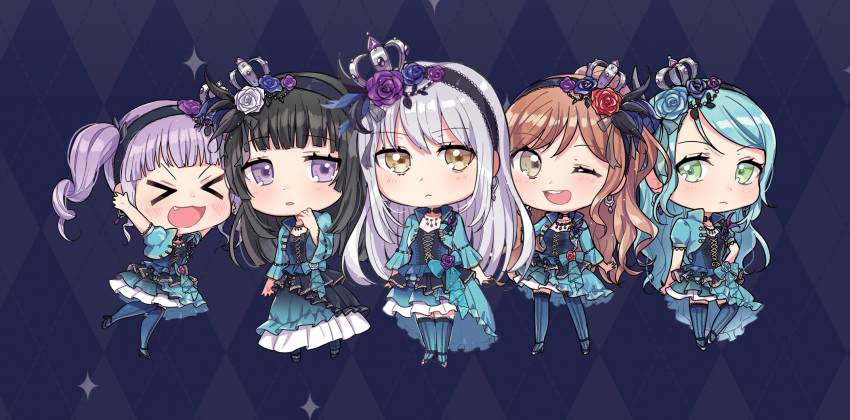 &gt;_&lt; :&lt; :d ;d \o/ aqua_hair argyle argyle_background arms_up bang_dream! bangs black_feathers black_hair blue_background blue_flower blue_legwear blue_rose blue_skirt brown_eyes brown_hair chibi commentary_request cross-laced_clothes crown fang feathers flower frown green_eyes grey_eyes grey_hair hair_feathers hair_flower hair_ornament hairband hand_on_hip hand_on_own_face highres hikawa_sayo imai_lisa jewelry long_hair minato_yukina multiple_girls necklace one_eye_closed one_side_up open_mouth outstretched_arms plaid plaid_background purple_eyes purple_flower purple_hair purple_rose red_flower red_rose rose roselia_(bang_dream!) round_teeth shirokane_rinko skirt smile sparkle standing striped striped_legwear teeth thighhighs tiny_(tini3030) twintails udagawa_ako upper_teeth v-shaped_eyebrows vertical-striped_legwear vertical_stripes white_flower white_rose xd