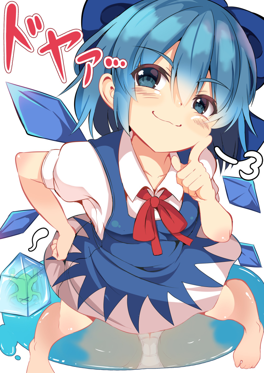 =3 bangs barefoot blue_bow blue_eyes bow cheek_poking cirno closed_mouth collarbone commentary_request disconnected_mouth doyagao dress frog frozen_frog grin hair_bow half-closed_eyes hand_on_hip highres ice ice_wings legs_apart light_blue_hair lolimate neck_ribbon panties pantyshot pantyshot_(reflection) poking puddle red_neckwear reflection ribbon smile smug standing touhou underwear white_panties wings