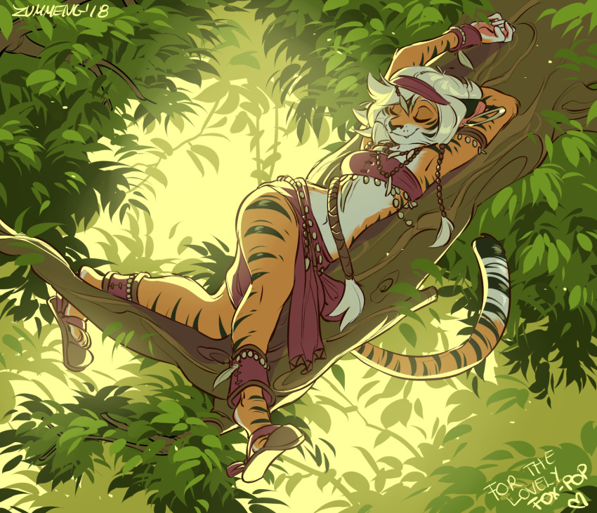 2018 5_fingers anthro bandeau blonde_hair breasts clothed clothing digital_media_(artwork) eyes_closed feline female hair mammal midriff outside small_breasts smile solo tiger tree zummeng