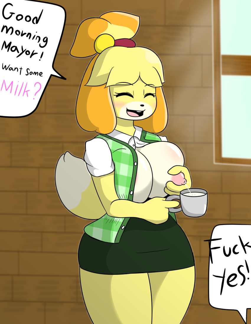 2018 animal_crossing anthro big_breasts blush breast_grab breast_milking breasts canine clothed clothing dog female hand_on_breast hi_res isabelle_(animal_crossing) lactating mammal milk nintendo nipples one_breast_out smile solo text tonytoran unseen_character video_games window
