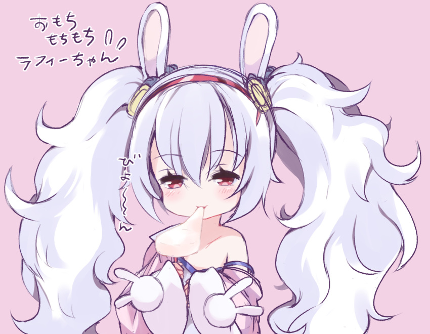 animal_ears azur_lane bangs bare_shoulders blush bunny_ears camisole closed_mouth collarbone commentary_request eating eyebrows_visible_through_hair flying_sweatdrops food hair_between_eyes hair_ornament hairband holding holding_food jacket laffey_(azur_lane) long_hair long_sleeves off_shoulder open_clothes open_jacket pikomarie pink_background pink_jacket red_eyes red_hairband sidelocks silver_hair sleeves_past_wrists solo strap_slip translation_request twintails very_long_hair white_camisole wide_sleeves