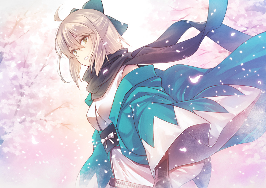 ahoge arm_guards black_scarf blonde_hair bow cherry_blossoms dutch_angle falling_petals fate/grand_order fate_(series) from_below furai green_bow hair_bow half_updo haori holding holding_sword holding_weapon japanese_clothes katana kimono okita_souji_(fate) okita_souji_(fate)_(all) sash scarf shinsengumi short_kimono sleeveless sleeveless_kimono standing sword weapon white_kimono yellow_eyes