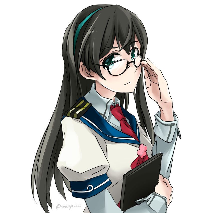 adjusting_eyewear black_hair blue_sailor_collar clipboard green_eyes hairband highres kantai_collection layered_sleeves long_hair looking_at_viewer necktie ooyodo_(kantai_collection) red_neckwear sailor_collar school_uniform semi-rimless_eyewear serafuku simple_background solo tomoyo_kai twitter_username under-rim_eyewear upper_body white_background