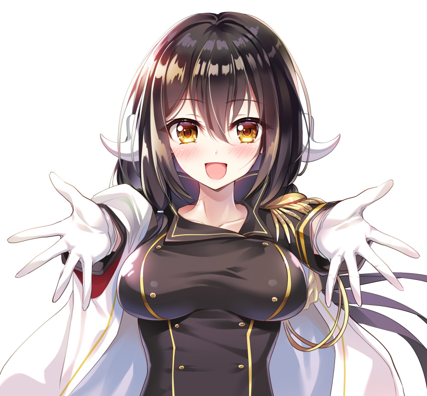 :d azur_lane bangs blush breasts brown_eyes brown_hair brown_jacket cape collarbone curled_horns epaulettes eyebrows_visible_through_hair gloves gold_trim hair_between_eyes highres horns jacket large_breasts long_hair long_sleeves mikasa_(azur_lane) military_jacket open_mouth outstretched_arms sidelocks simple_background smile solo very_long_hair white_background white_cape white_gloves youta