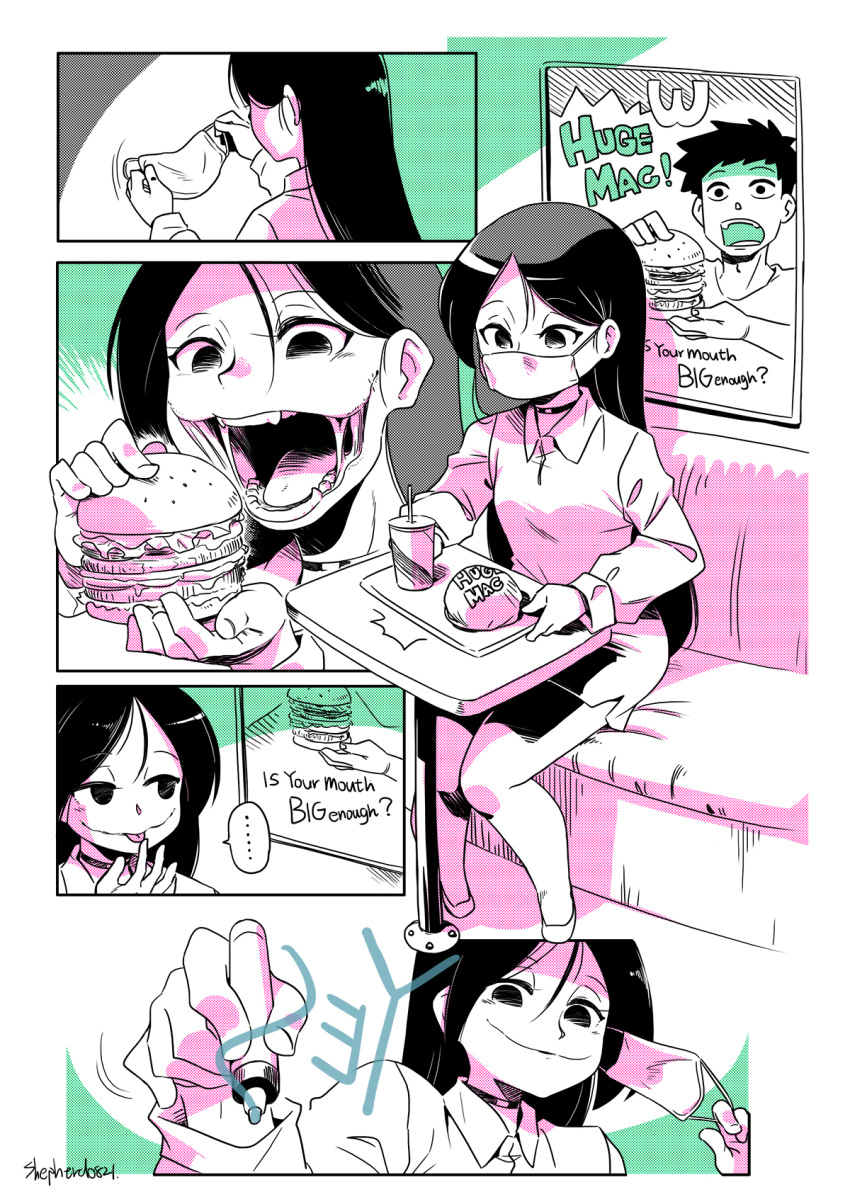 1girl blush booth comic cup drinking_straw eyebrows_visible_through_hair food hamburger highres holding holding_food kuchisake-onna long_hair looking_at_viewer looking_away mask monster_girl open_mouth original shepherd0821 sitting smile speech_bubble spoken_ellipsis table teeth tongue tongue_out tray yes
