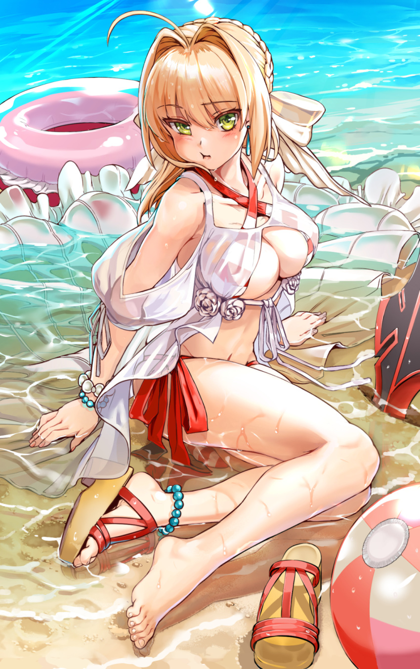 :t ahoge anklet arm_support ball bangs barefoot beach beachball bead_bracelet beads bikini blonde_hair blush bracelet braid breasts chinese_commentary cleavage closed_mouth collarbone commentary_request criss-cross_halter day earrings eyebrows_visible_through_hair fate/grand_order fate_(series) feet french_braid green_eyes hair_intakes hair_ribbon halter_top halterneck highres innertube jewelry long_hair looking_at_viewer md5_mismatch navel nero_claudius_(fate)_(all) nero_claudius_(swimsuit_caster)_(fate) ocean outdoors platform_footwear pout red_bikini revision ribbon sand sandals shoes side-tie_bikini sidelocks single_shoe sitting solo striped striped_bikini swimsuit toes water white_ribbon yewang19 yokozuwari
