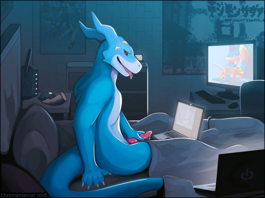 2018 anthro chromamancer computer digimon digital_media_(artwork) erection flamedramon laptop male masturbation nude open_mouth penis scalie solo