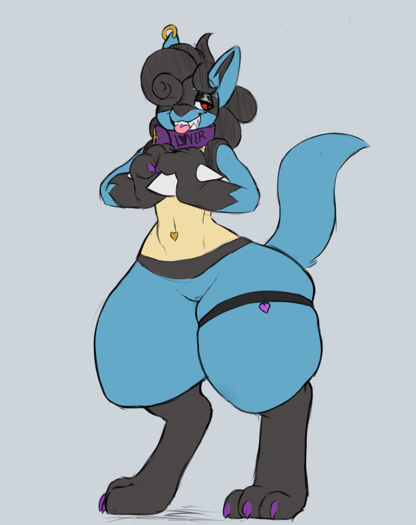 anthro coldfrontvelvet collar looking_at_viewer lucario male navel nintendo piercing pok&eacute;mon pok&eacute;mon_(species) smile solo standing thick_thighs tongue tongue_out tongue_piercing video_games wide_hips