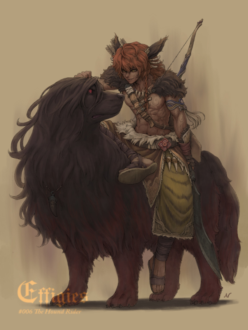 absurdres animal animal_ears bow_(weapon) braid cape chest commentary dog fantasy fur_cape highres holding holding_sword holding_weapon long_hair male_focus muscle nishi orange_hair original oversized_animal petting riding sandals sepia shirtless simple_background single_braid sword tattoo weapon