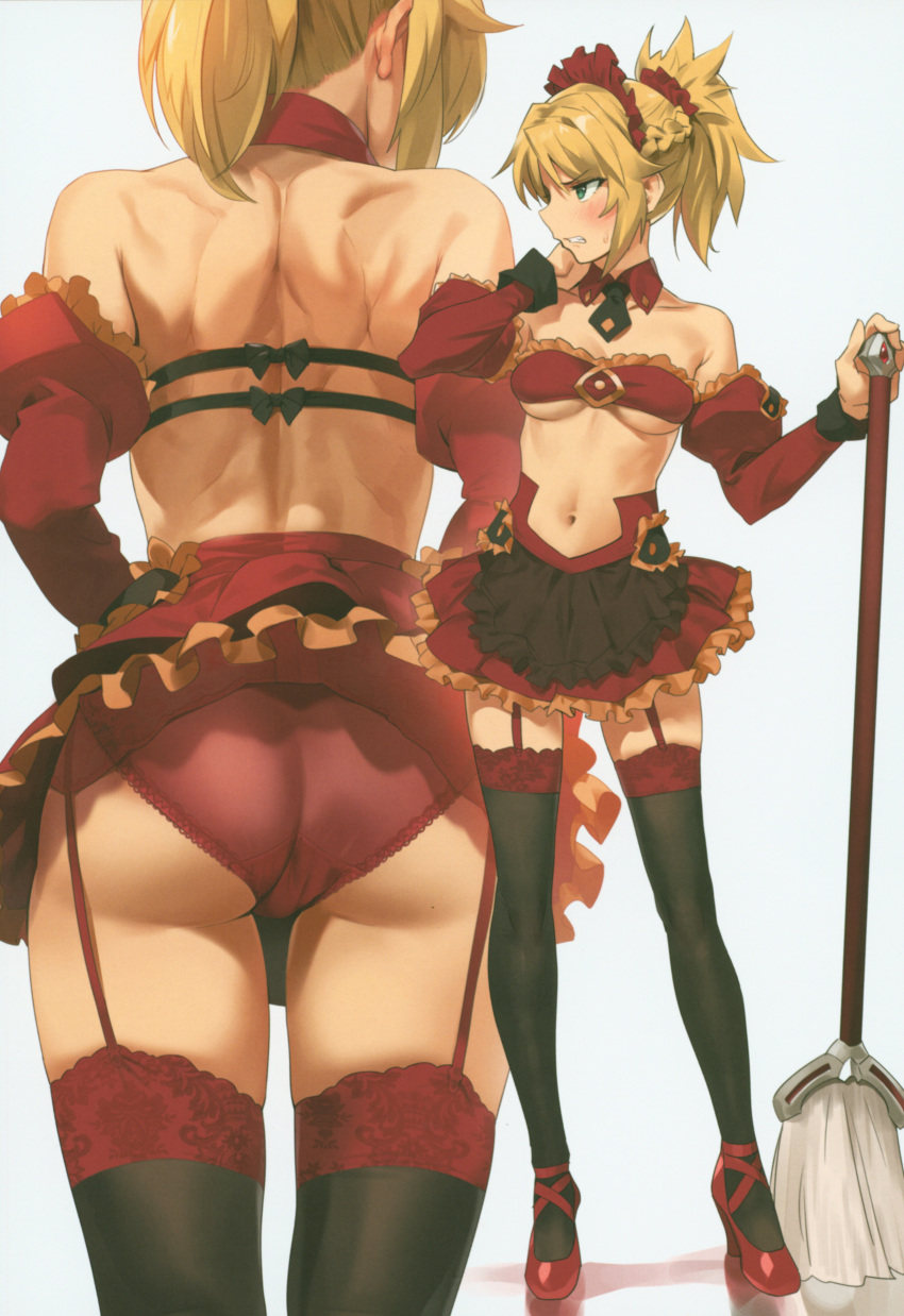 absurdres ass back bare_shoulders black_legwear blonde_hair breasts broom detached_sleeves fate/apocrypha fate_(series) frilled_panties frills from_behind garter_belt garter_straps gold_trim green_eyes hand_on_own_cheek hidden_face high_heels highres hips holding holding_broom incredibly_absurdres lace lace-trimmed_thighhighs medium_breasts miniskirt mordred_(fate) mordred_(fate)_(all) multiple_views navel panties ponytail profile red_footwear red_panties red_skirt simple_background skirt stomach sweatdrop thighhighs thighs underboob underwear upskirt white_background yang-do