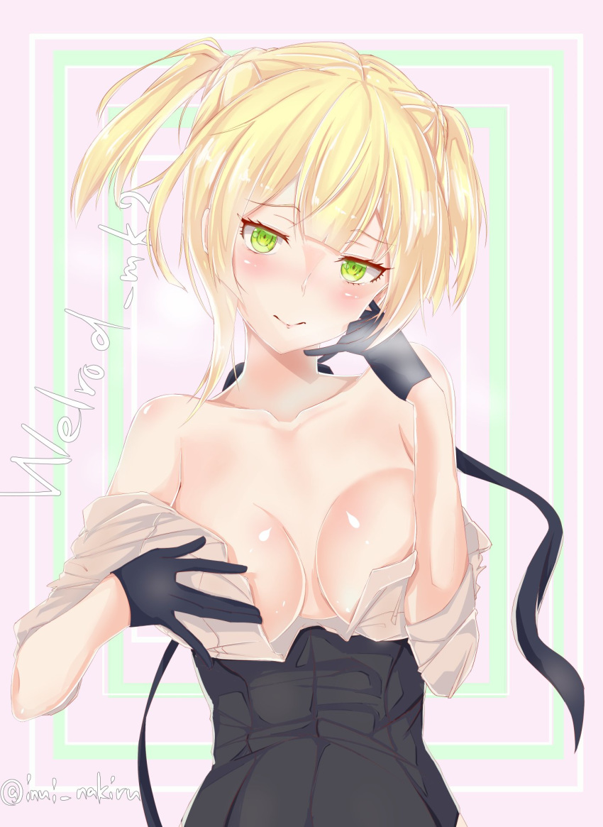 alternate_breast_size bangs black_gloves blonde_hair blush braid breasts character_name closed_mouth collarbone eyebrows_visible_through_hair girls_frontline gloves green_eyes half_gloves hand_on_own_face head_tilt highres inui_nakiru large_breasts looking_at_viewer no_bra off_shoulder shiny shiny_skin shirt shirt_pull short_hair sidelocks sleeves_folded_up smile solo tsurime twintails twitter_username undressing welrod_mk2_(girls_frontline)