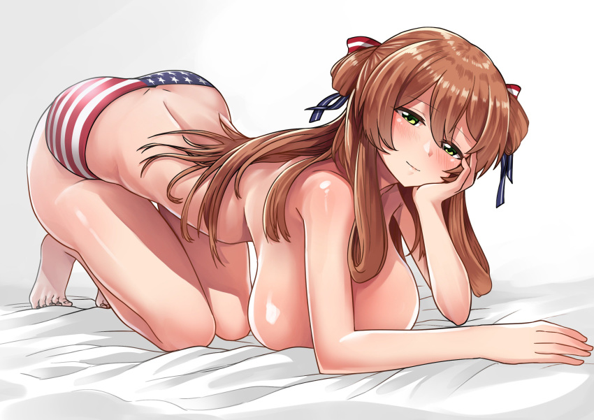 all_fours american_flag_bikini ass bangs bare_legs bed_sheet bikini blush breasts brown_hair commentary_request eyebrows_visible_through_hair flag_print girls_frontline green_eyes hair_between_eyes hair_ribbon hair_rings half-closed_eyes head_on_hand highres huge_breasts korean_commentary large_breasts left_ryukoku long_hair looking_at_viewer m1903_springfield_(girls_frontline) ribbon sidelocks smile solo swimsuit topless twintails