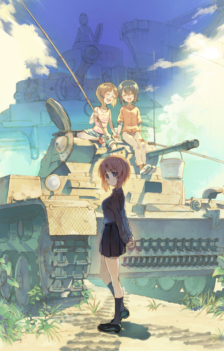absurdres arms_behind_back black_footwear black_legwear black_skirt blue_sky brown_eyes brown_hair bucket child closed_eyes cloud commentary_request cosmic_(crownclowncosmic) cover day fishing_rod girls_und_panzer grey_shirt ground_vehicle happy hat highres holding_hands kneehighs kuromorimine_school_uniform loafers long_sleeves looking_at_viewer military military_vehicle miniskirt motor_vehicle multiple_girls nishizumi_maho nishizumi_miho open_mouth panzerkampfwagen_ii pleated_skirt shirt shoes short_hair shorts siblings sisters skirt sky smile socks straw_hat summer tank tank_top tiger_i younger