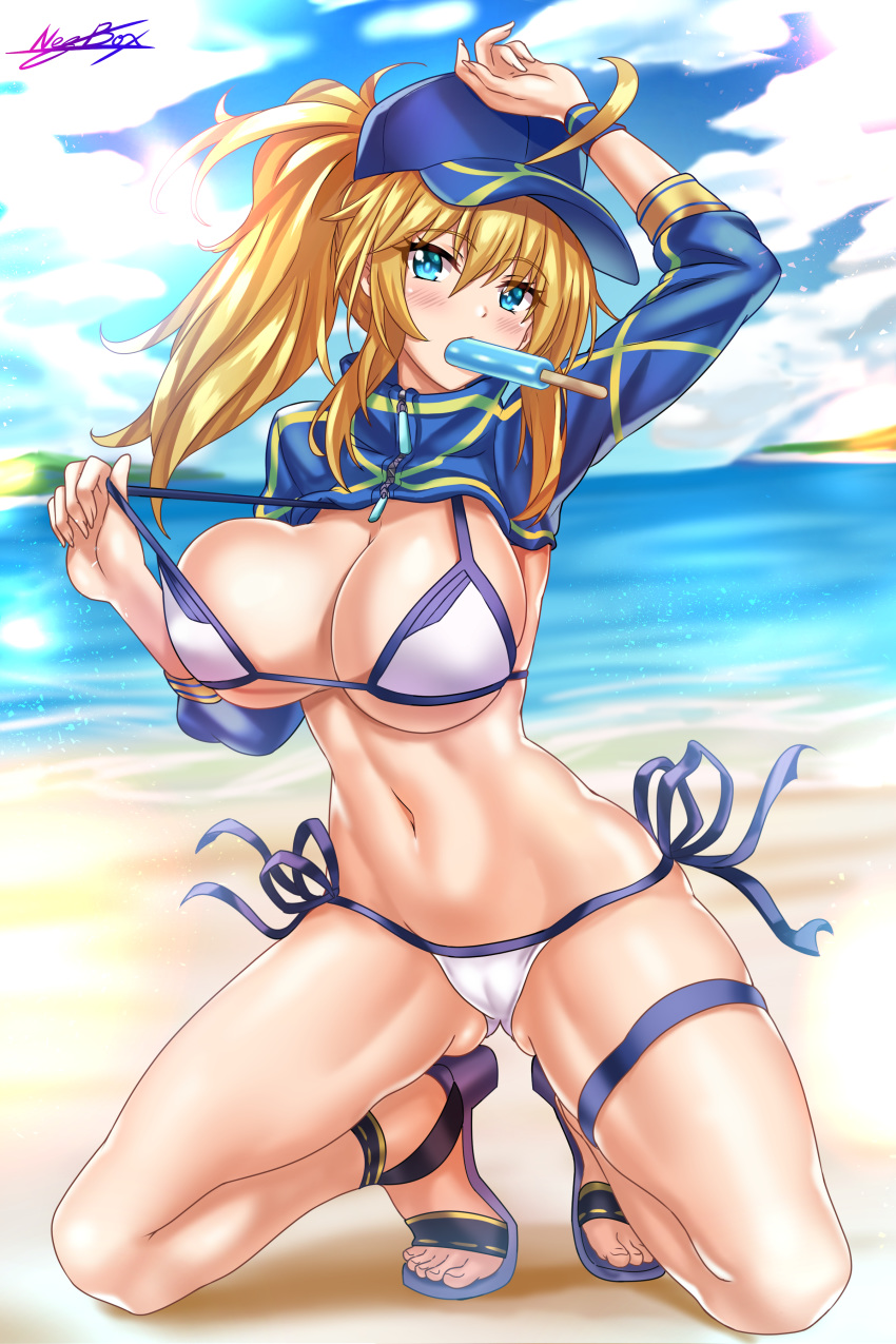 absurdres ahoge arm_up artoria_pendragon_(all) bangs baseball_cap beach bikini blonde_hair blue_eyes blue_hat blue_sky blush breasts cleavage commentary day fate/grand_order fate_(series) food hair_between_eyes hat highres hips kneeling large_breasts legs long_hair looking_at_viewer mouth_hold mysterious_heroine_xx_(foreigner) navel nez-kun ocean ponytail popsicle sandals shrug_(clothing) side-tie_bikini sidelocks signature sky solo strap_pull swimsuit thigh_strap thighs white_bikini wristband zipper_pull_tab