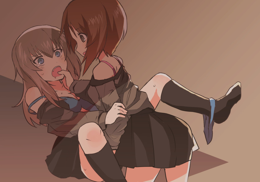 bangs black_legwear black_skirt blue_bra blue_eyes blush bra breasts brown_eyes brown_hair cleavage commentary constricted_pupils dress_shirt eyebrows_visible_through_hair fang finger_in_another's_mouth frown girls_und_panzer grey_shirt highres imminent_rape itsumi_erika kneeling kuromorimine_school_uniform leaning_forward long_hair long_sleeves looking_at_another lying medium_breasts miluke miniskirt multiple_girls nishizumi_miho no_shoes off_shoulder on_back open_clothes open_mouth open_shirt panties panties_around_one_leg pink_bra pleated_skirt saliva school_uniform shirt shirt_pull short_hair silver_hair skirt smile socks straddling strap_slip sweat tearing_up underwear yuri