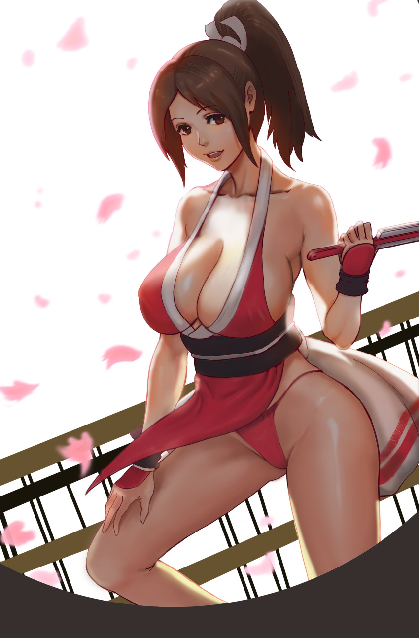 absurdres backlighting bare_shoulders breasts brown_eyes brown_hair caries_wgli cherry_blossoms cleavage closed_fan collarbone commentary covered_nipples english_commentary eyebrows_visible_through_hair falling_petals fan fatal_fury folding_fan hair_tie hand_on_own_thigh high_ponytail highres holding holding_fan japanese_clothes large_breasts legs looking_at_viewer making_of ninja obi open_mouth panties pelvic_curtain pink_lips ponytail railing red_panties revealing_clothes revision sash shiranui_mai sideboob standing the_king_of_fighters thighs thong underwear