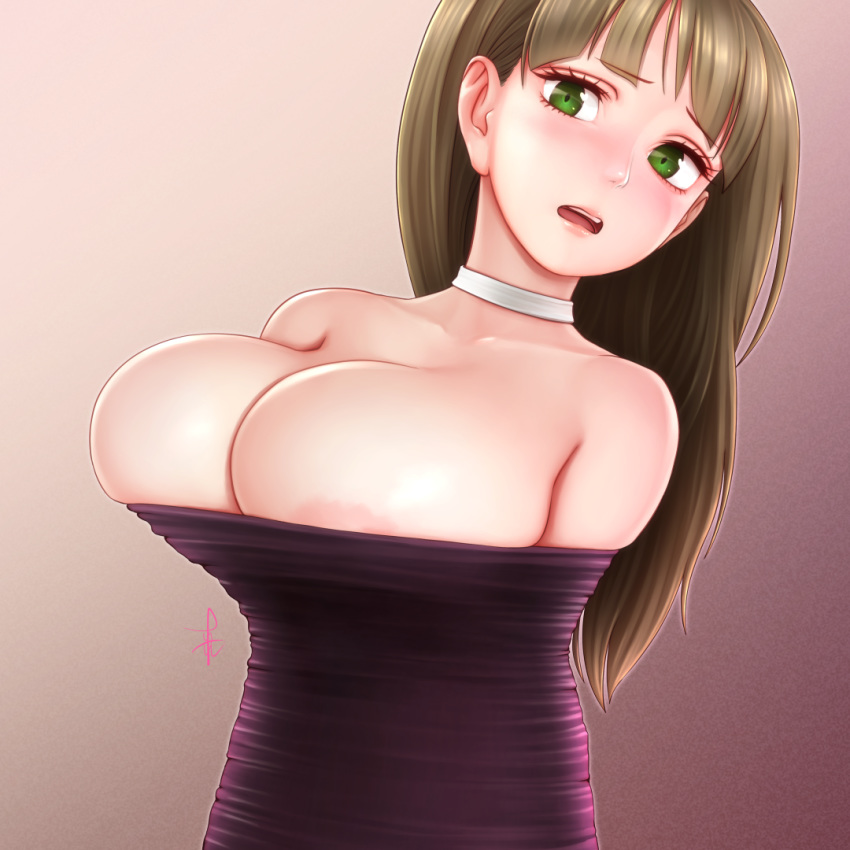 areola_slip areolae bangs bare_shoulders bound breasts brown_hair bursting_breasts choker collarbone d: eyebrows_visible_through_hair furrowed_eyebrows gradient gradient_background green_eyes horiishi_horuto large_breasts open_mouth original straight_hair teeth tied_up white_choker