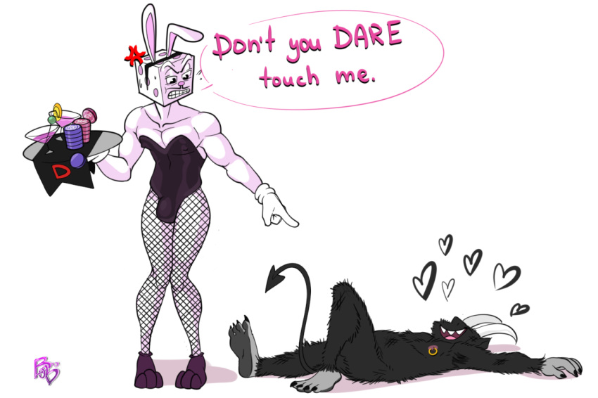 &lt;3 animate_inanimate blush bobthetanuki bulge bunny_costume clothed clothing costume crossdressing cuphead_(game) demon facial_hair fake_ears fake_rabbit_ears horn horned_humanoid humanoid king_dice male mustache not_furry nude object_head smile solo the_devil_(cuphead) video_games