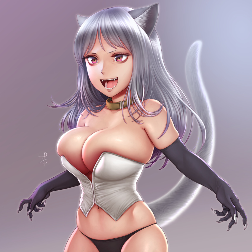 :d animal_ears bangs bare_shoulders black_gloves black_panties breasts bursting_breasts cat_ears cat_girl cat_tail collar elbow_gloves fangs fingernails gloves gradient gradient_background highres horiishi_horuto large_breasts long_fingernails long_hair navel open_mouth original panties pink_eyes sharp_fingernails silver_hair skindentation smile solo straight_hair tail tail_raised teeth underwear